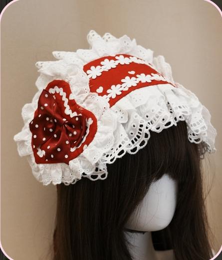Maiden's Heart Knot - Old School Lolita Polka Dot Bow Accessories with Ruffles Red Hairband