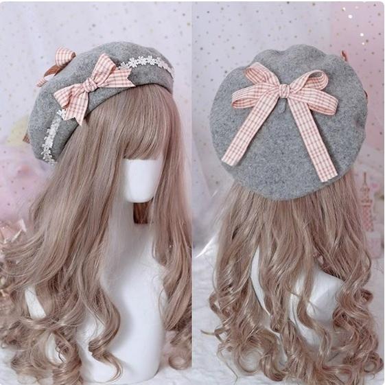 Xiaogui - Sweet and Lovely Daisy Bowknot Woolen Beret Pink check bow+gray hat One Size