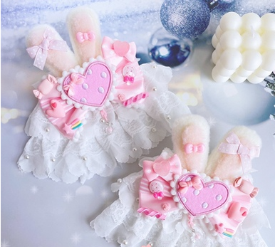 Sweetheart Endless - Sweet Lolita Lace Rabbit Ears Cuffs Multicolor a pair of big rabbit ears and heart pink cuffs