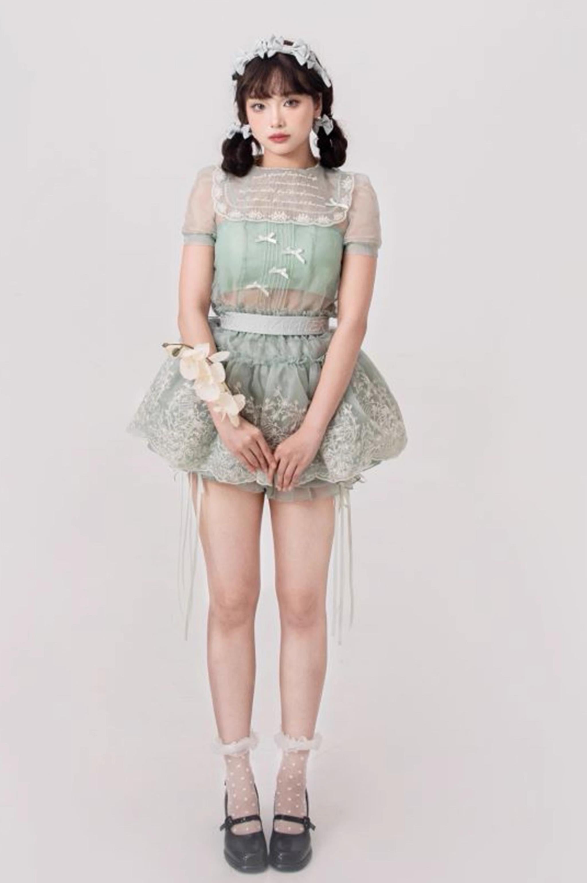 ZJstory - Sonnet Summer - Sweet Lolita Dress Set Embroidery Shirt Tiered Jumper Dress Mint green - back placket shirt Only S