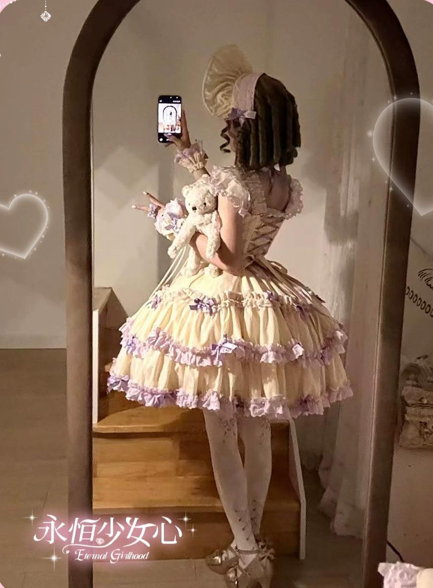 Eternal Girlhood - Six-Panel Old School Lolita Striped JSK & OP, Bow Accents 45811:863040