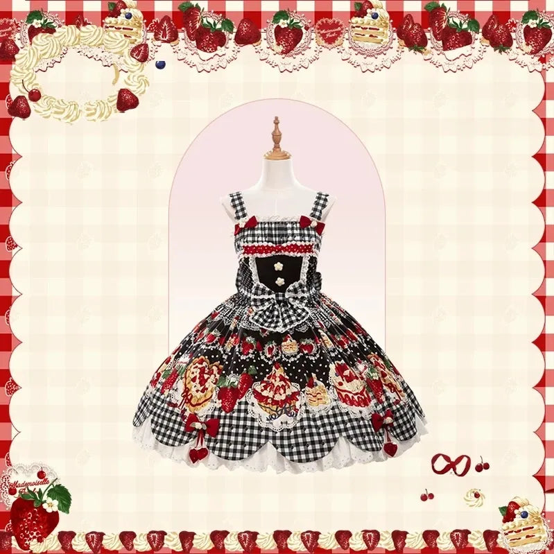 Strawberry Cake Pictorial - Cotton Sweet Lolita Petal Hem JSK, Strawberry Cake Print (L M S XL XS) 45810:863204