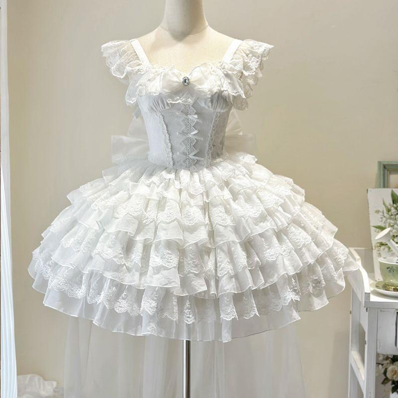 Phoenix Rise - Sweet Lolita Wedding JSK, Bullet Dress Inspired White JSK + Trailing S