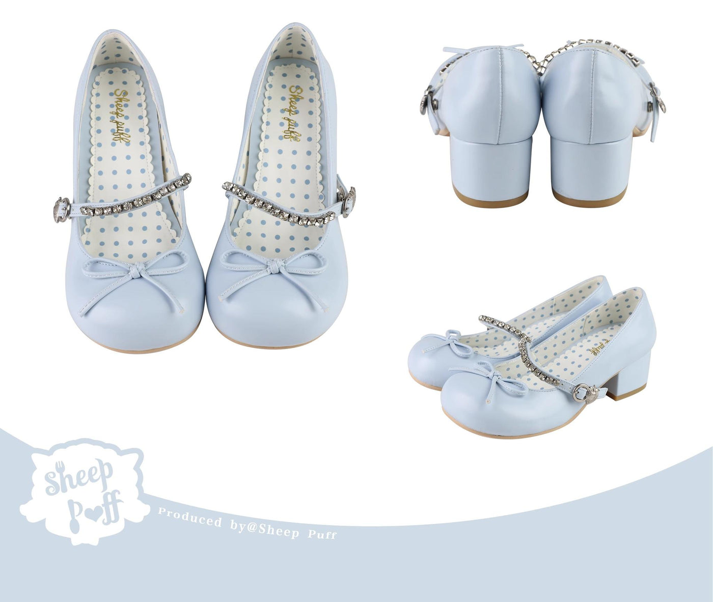 Sheep Puff~Small Berry~Kawaii Lolita Shoes Mid Heel PU Shoe 35 Blue 