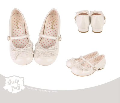 Sheep Puff~Little Leila~Kawaii Lolita Shoes Round Toe Flat Shoes 34 White low heel-2.5cm 