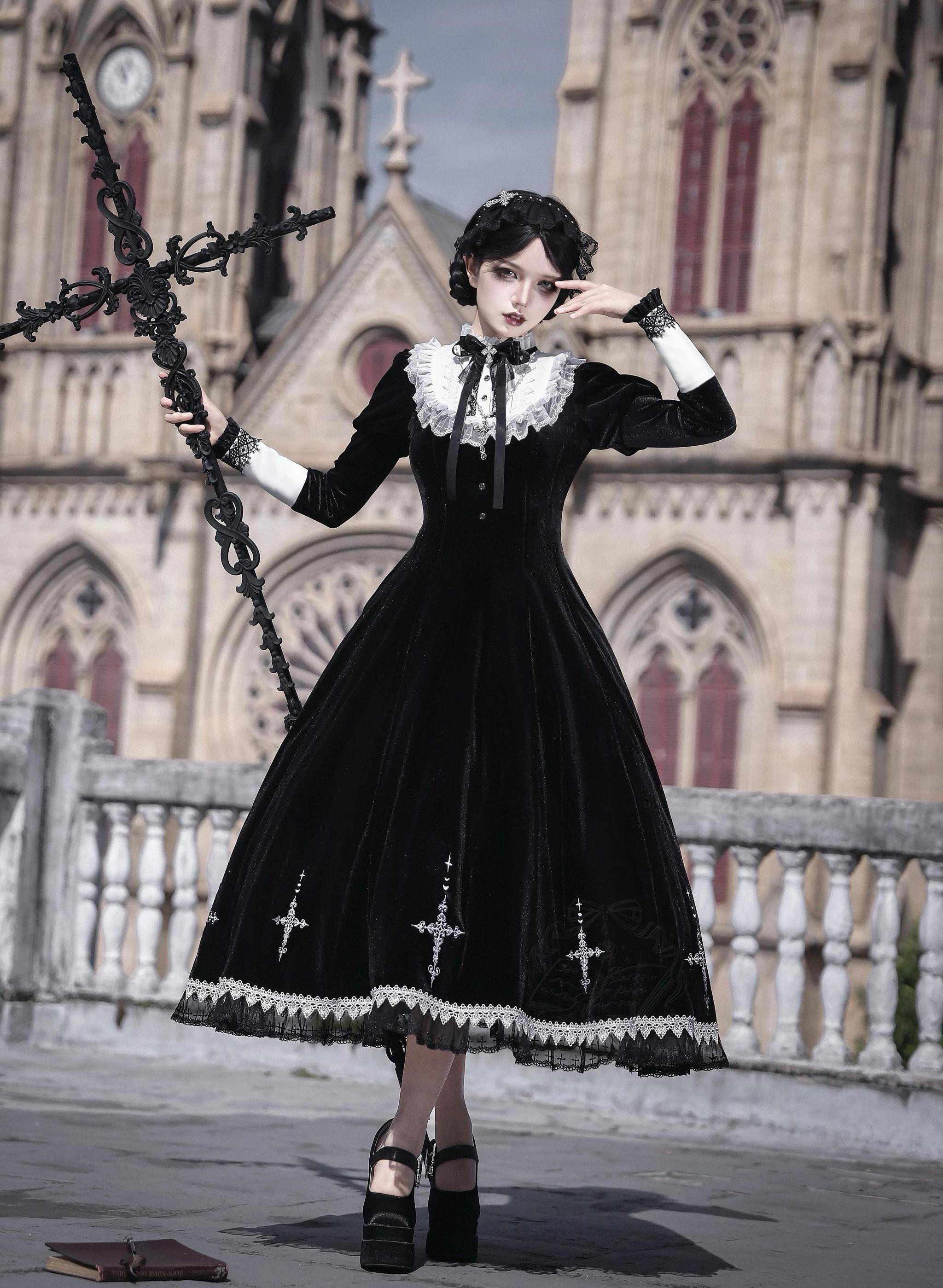 Cross Craft - Ten-Panel Cut Gothic Lolita OP, Embroidered Crosses 44402:806592
