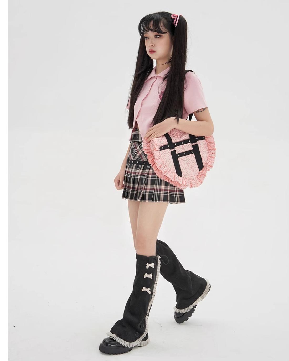Soso Meme Club - Vintage Lolita Heart Shaped Plaid Dot Print JK Uniform Bag