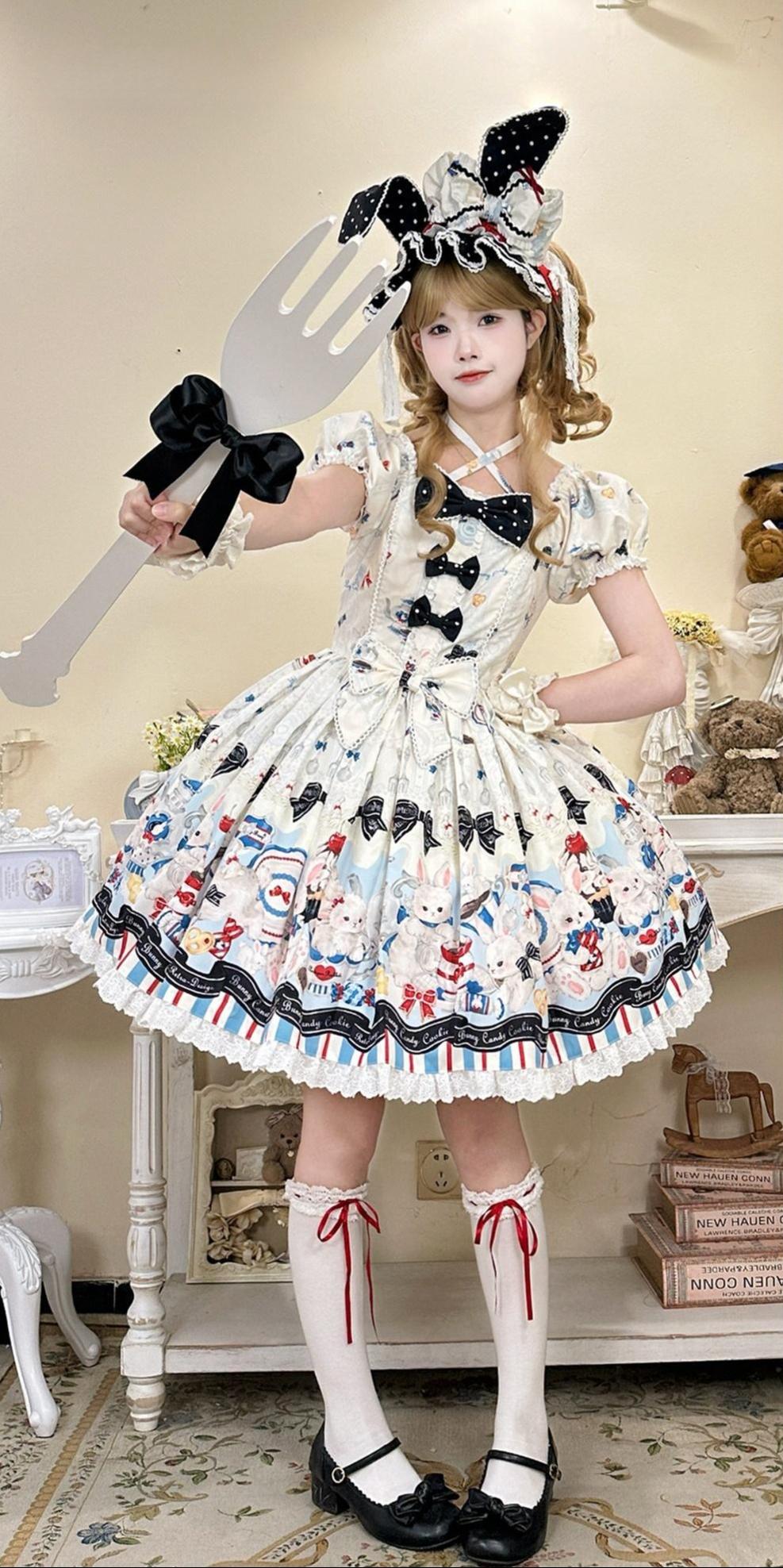 Myth Rabbit Tea Party - Sweet Lolita Dress Set, Bunny Print JSK 44460:809225