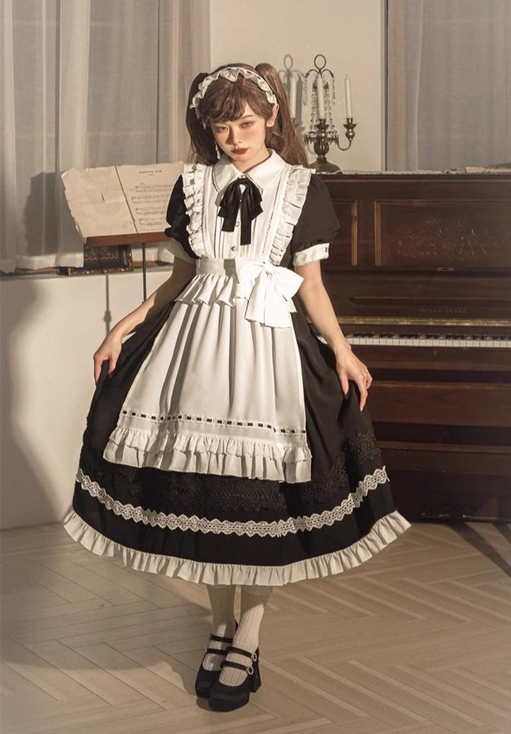 Sweet Date - Halloween Gothic Lolita OP Maid Lolita Dress Elegant Lolita OP S Short-sleeved OP + hairband + petticoat+apron