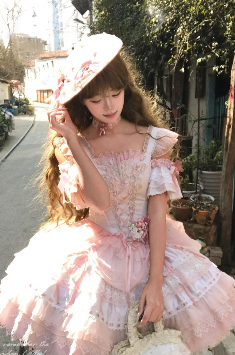 Yellow Blossom & Rose - Sweet Lolita Floral Embroidery JSK, Drawstring Lift-up Hem