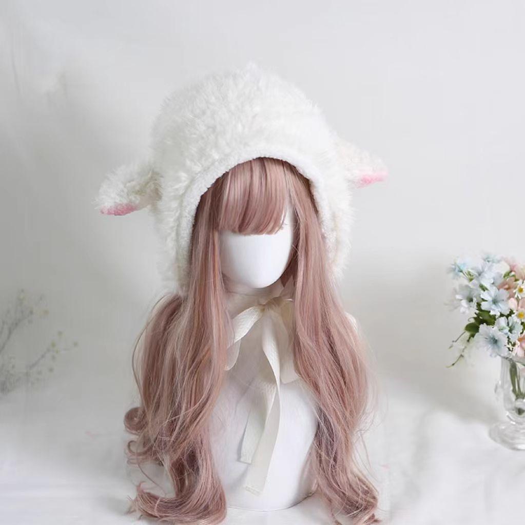 Xiaogui - Kawaii Lolita Earflap Hat Winter Lolita Earflap Hat Sheep Ear M (56-58cm) No Lace(Pink Ear Tip Sheep Ear Lei Feng Cap)