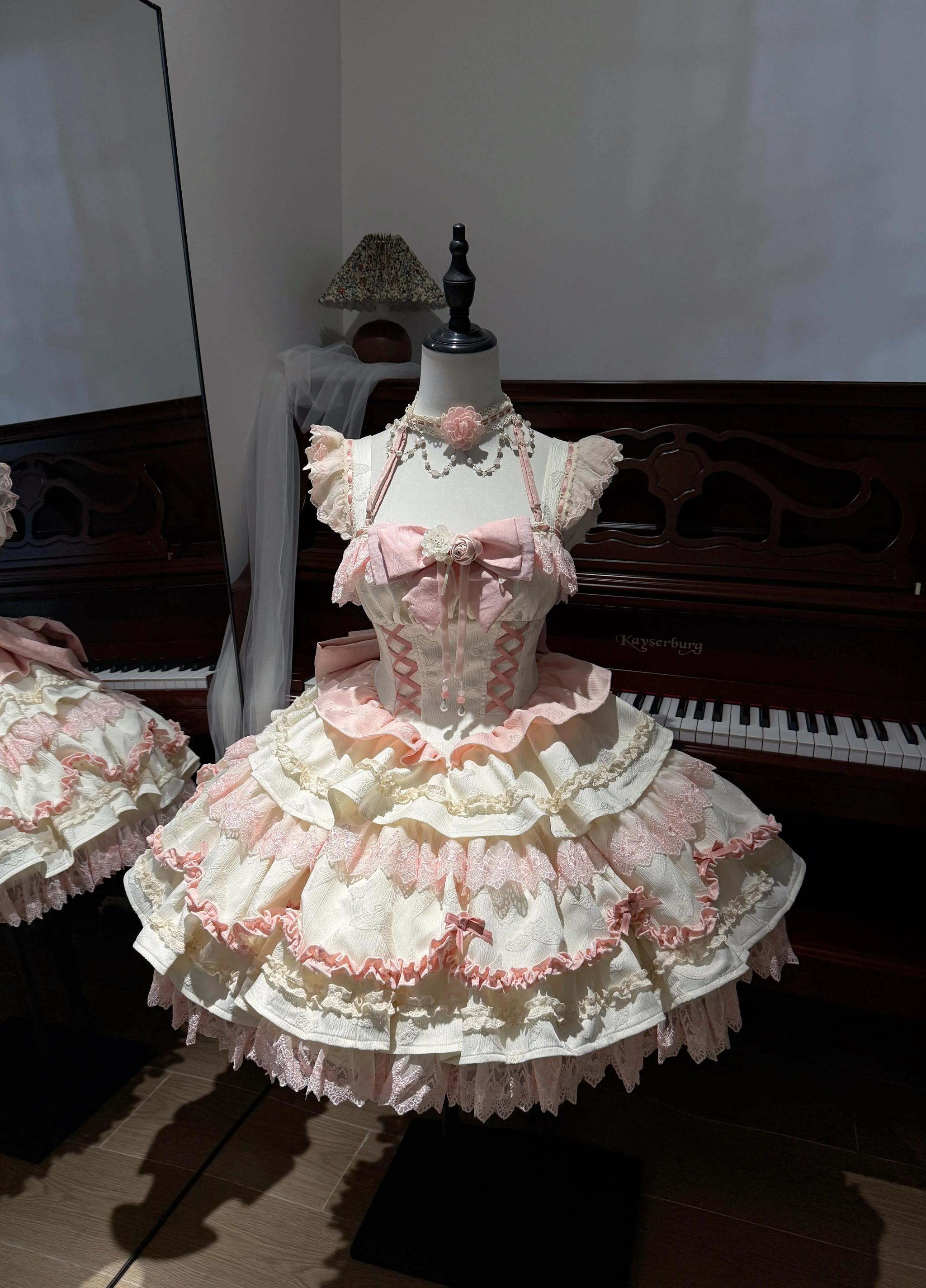 Pudding Lolita - Floral Bell Dream - Sweet Lolita JSK Dress, Halter Neckline (粉色 / 2XL L M S XL XS) 44186:797983