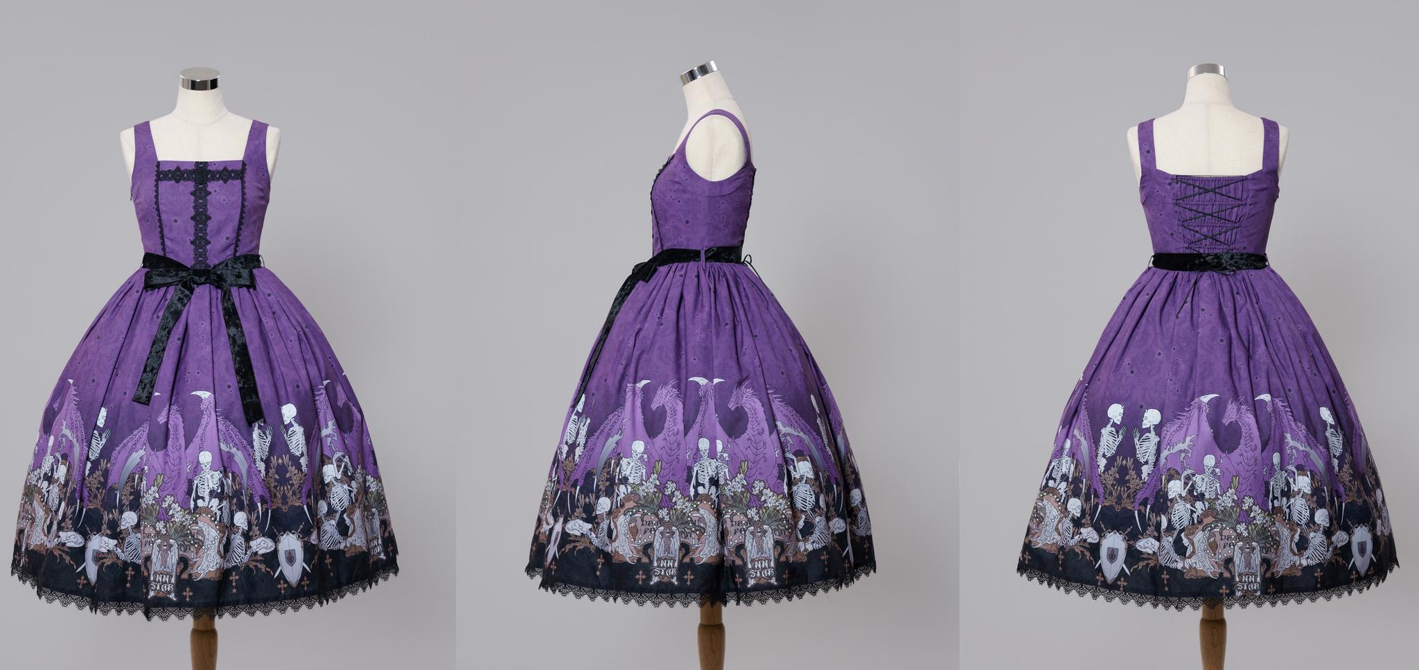 Dragon Bone Lily - Vintage Gothic Lolita Dragon & Skeleton Print JSK Dress