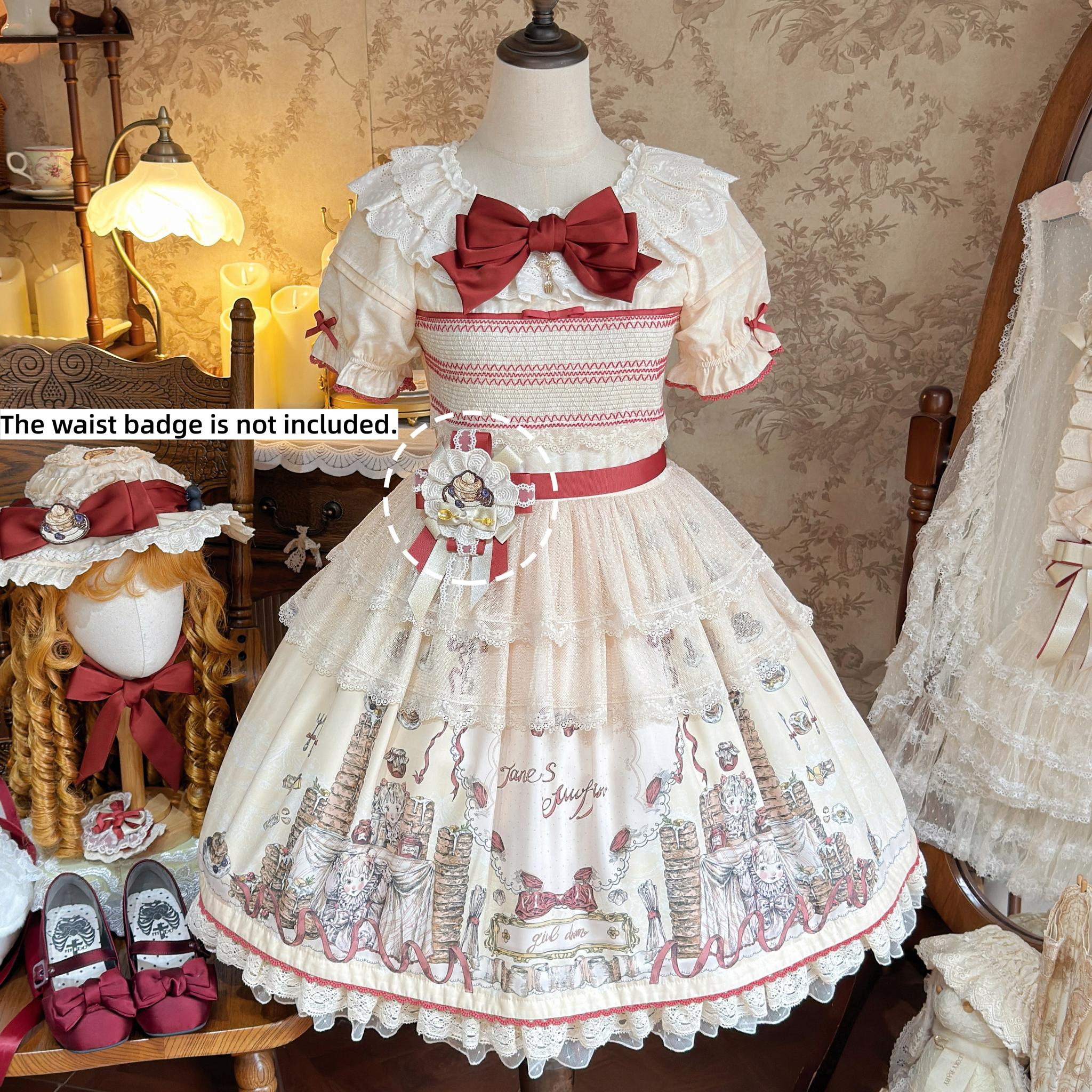 Pancake Postman - Kawaii Lolita Printed OP & Salopette Dress, Lace & Bows (L M S XL) 45174:838705