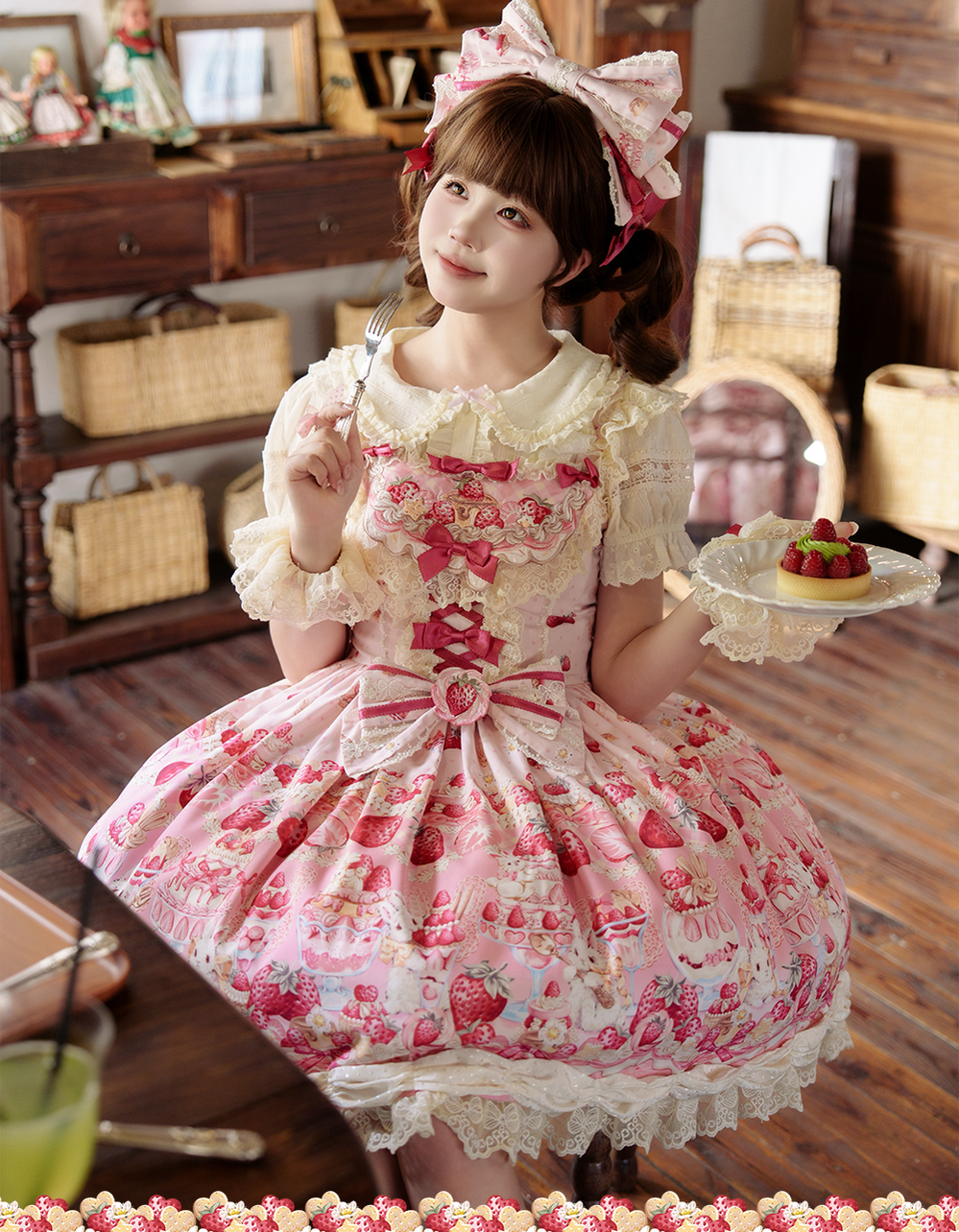 Bavarois Dessert Bunny - Sweet Lolita Strawberry Print JSK Dress 45546:855042