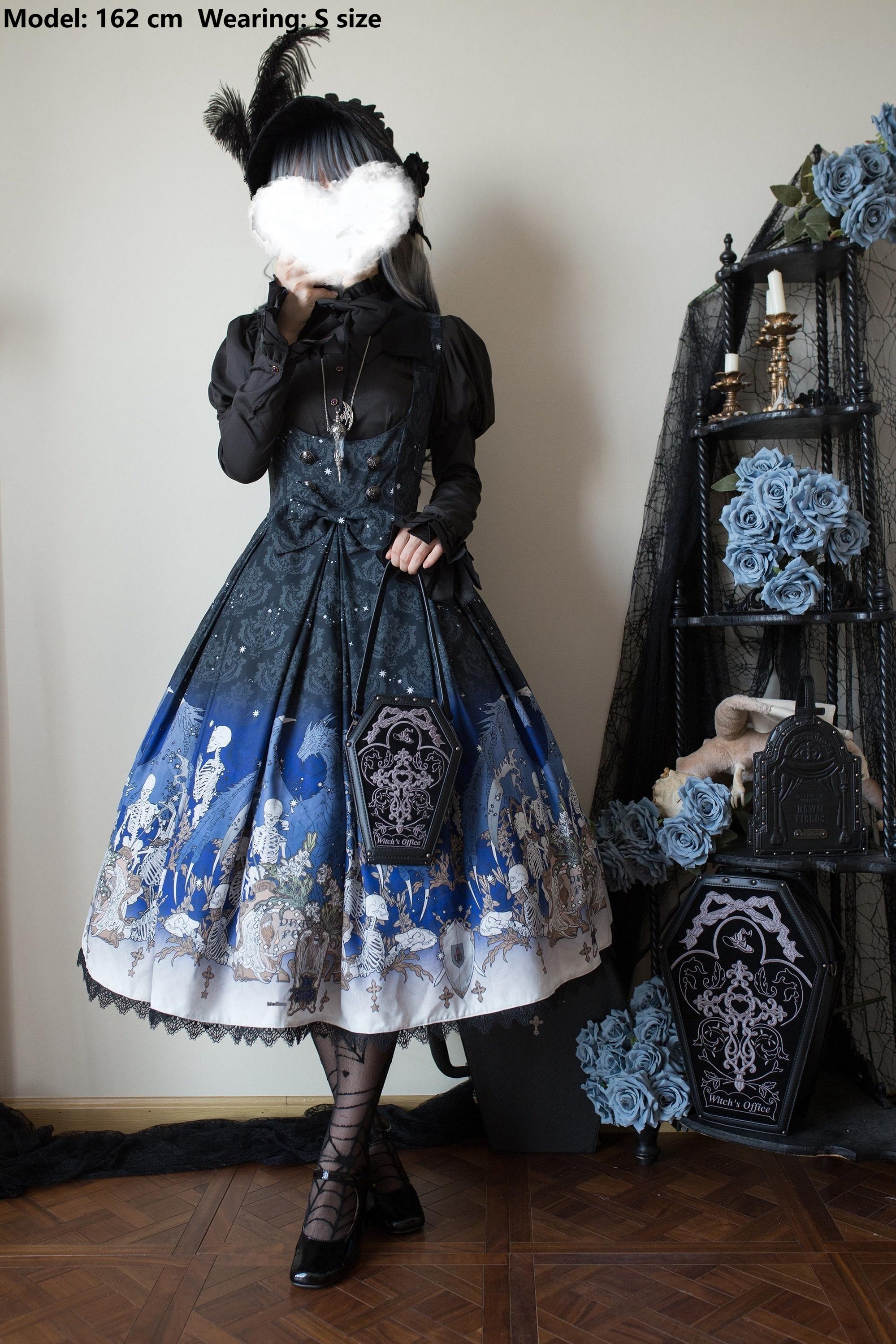 Nn Star - Dragonbone Lily - Dragon Skeleton Print Gothic Lolita Bust-supporting JSK and BNT 42664:748600