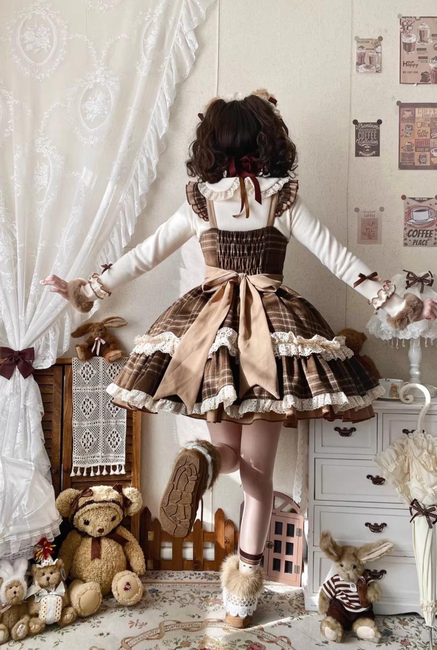 Choco Chestnut - Plaid Kawaii Lolita JSK Dress, Peter Pan Collar Cape 44501:810621