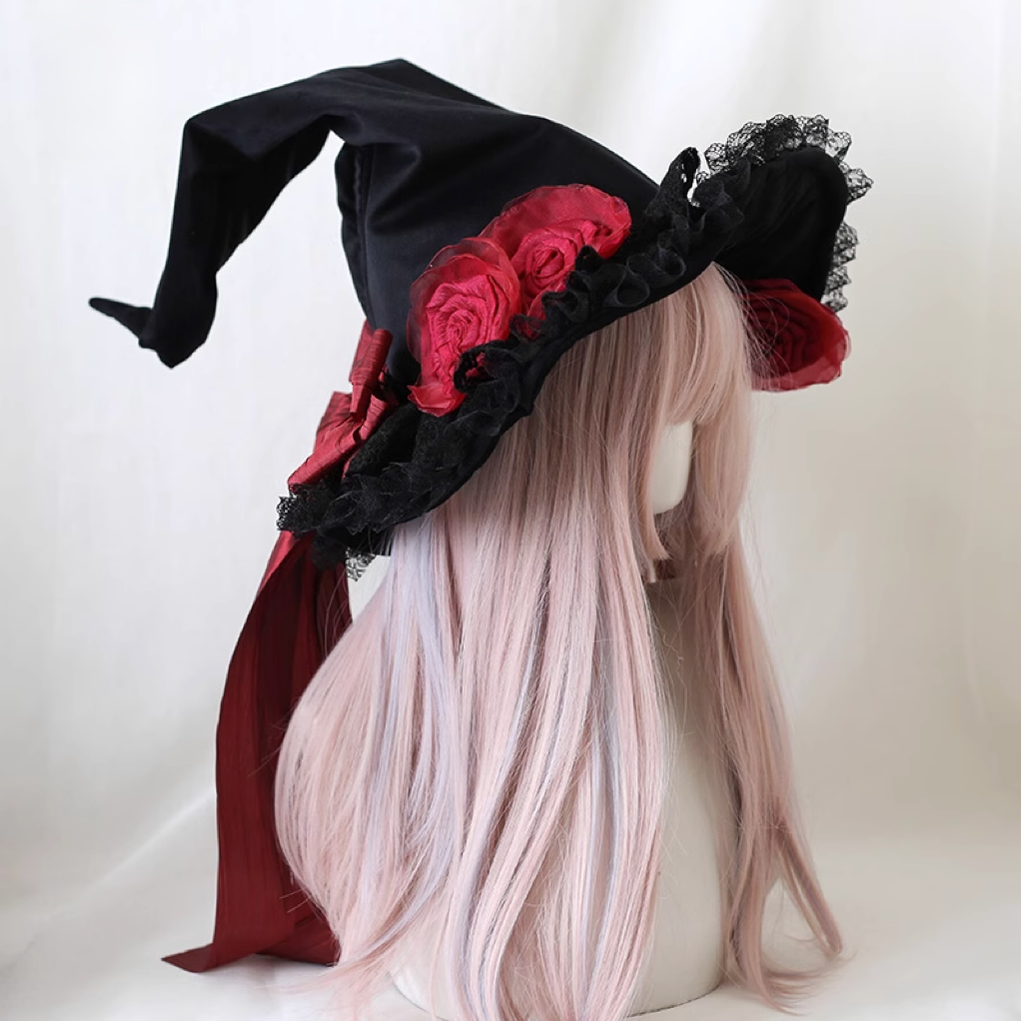 Xiaogui - Halloween Gothic Lolita Witch Hat Bow Velvet BNT One Size (55-59cm) (Hat with Strap) Dark Red (Velvet Pointed Witch Hat)
