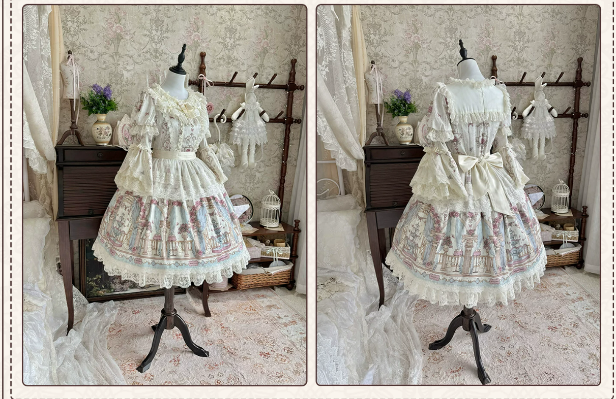 Wandering Rabbit's Palace - Doll-like Classic Lolita Palace Print OP Dress with Lace