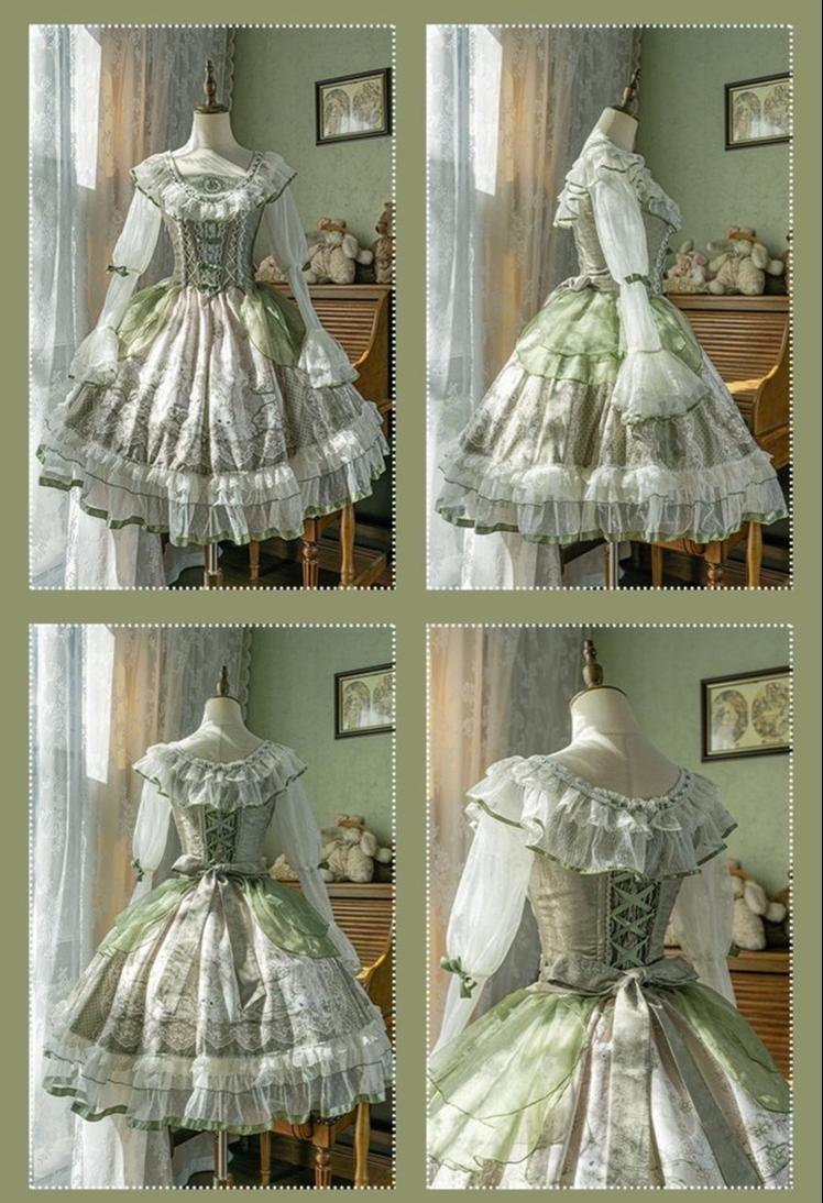 YingLuoFu - Teacup Bunny - Classic Lolita OP Dress, Fresh Green Floral Print 43263:783860