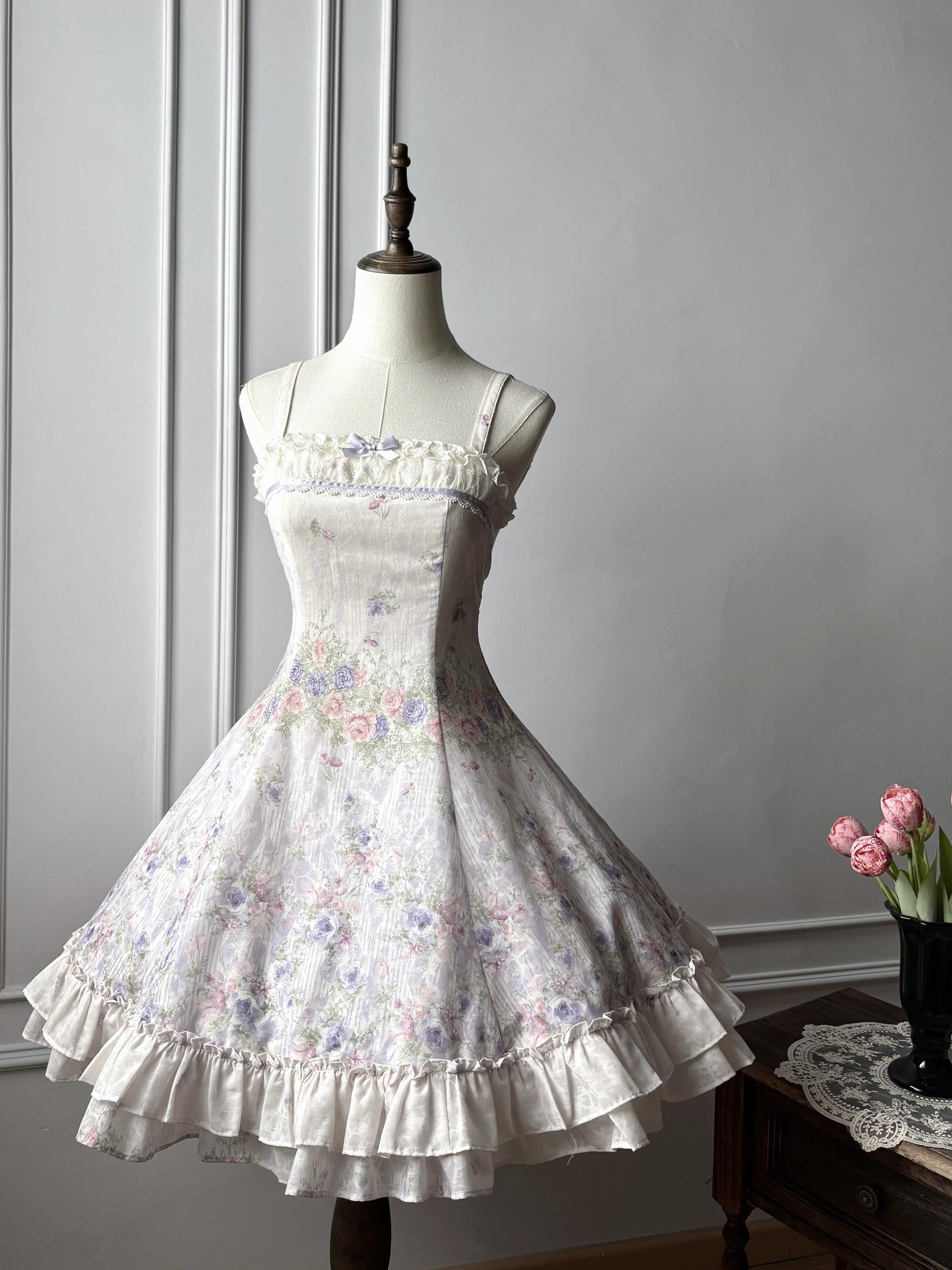 Yuri's Garden - Classic Floral Printed Lolita Dress with Lace 45541:852321
