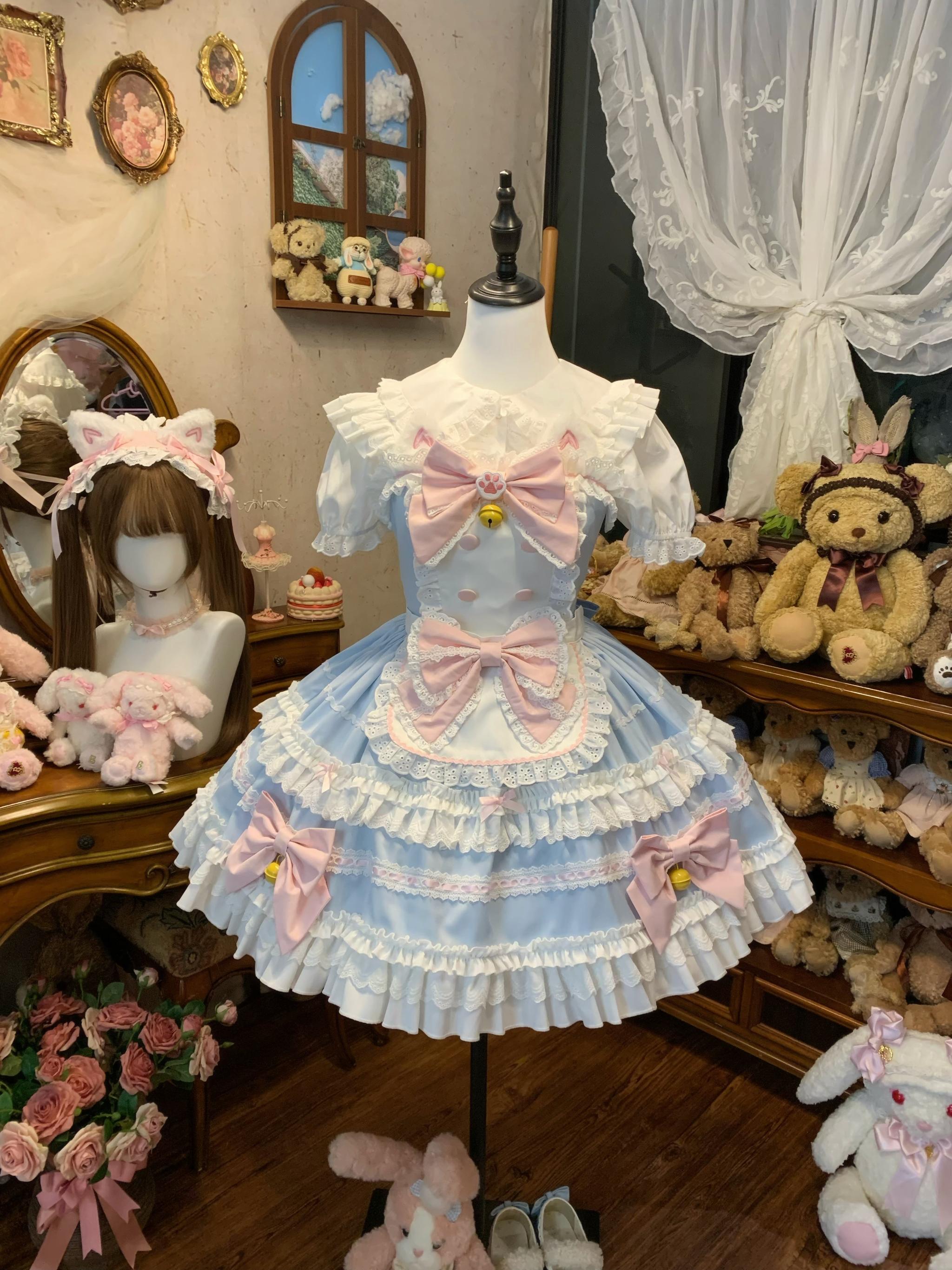 Sugar Girl - MeowRin SweetMaid - Sweet Lolita JSK, Adjustable Straps Blue JSK + Apron Only S