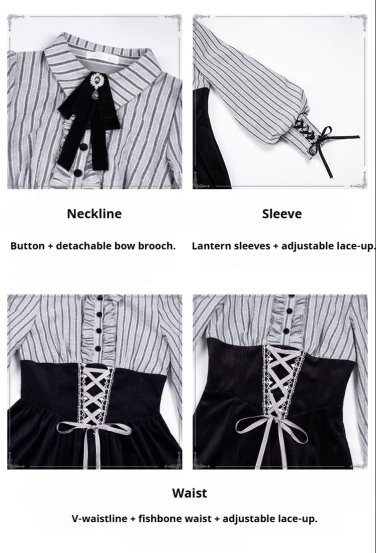 Dusk Moment - Classic Lolita Striped OP & Mermaid Dress Set, Fishbone Waist 44498:810794