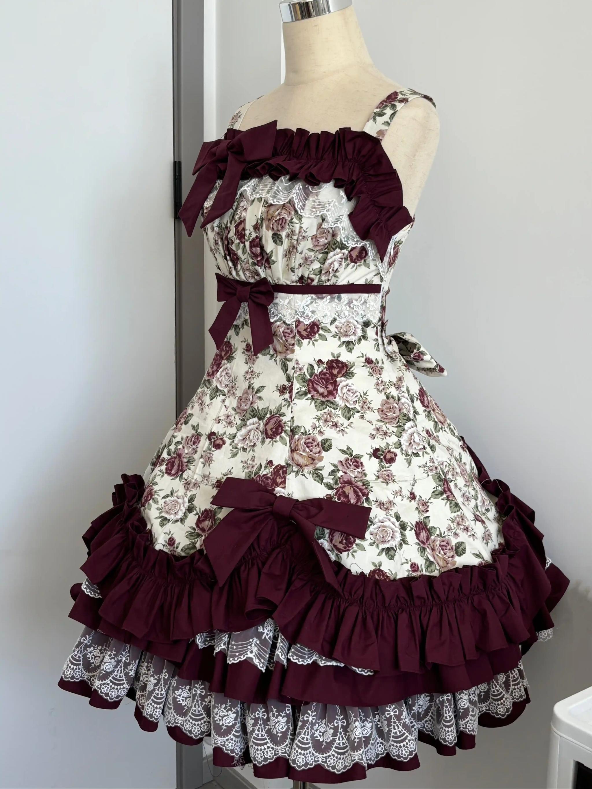 Burgundy Rose - Floral Printed Old School Lolita JSK, Elegant Cape