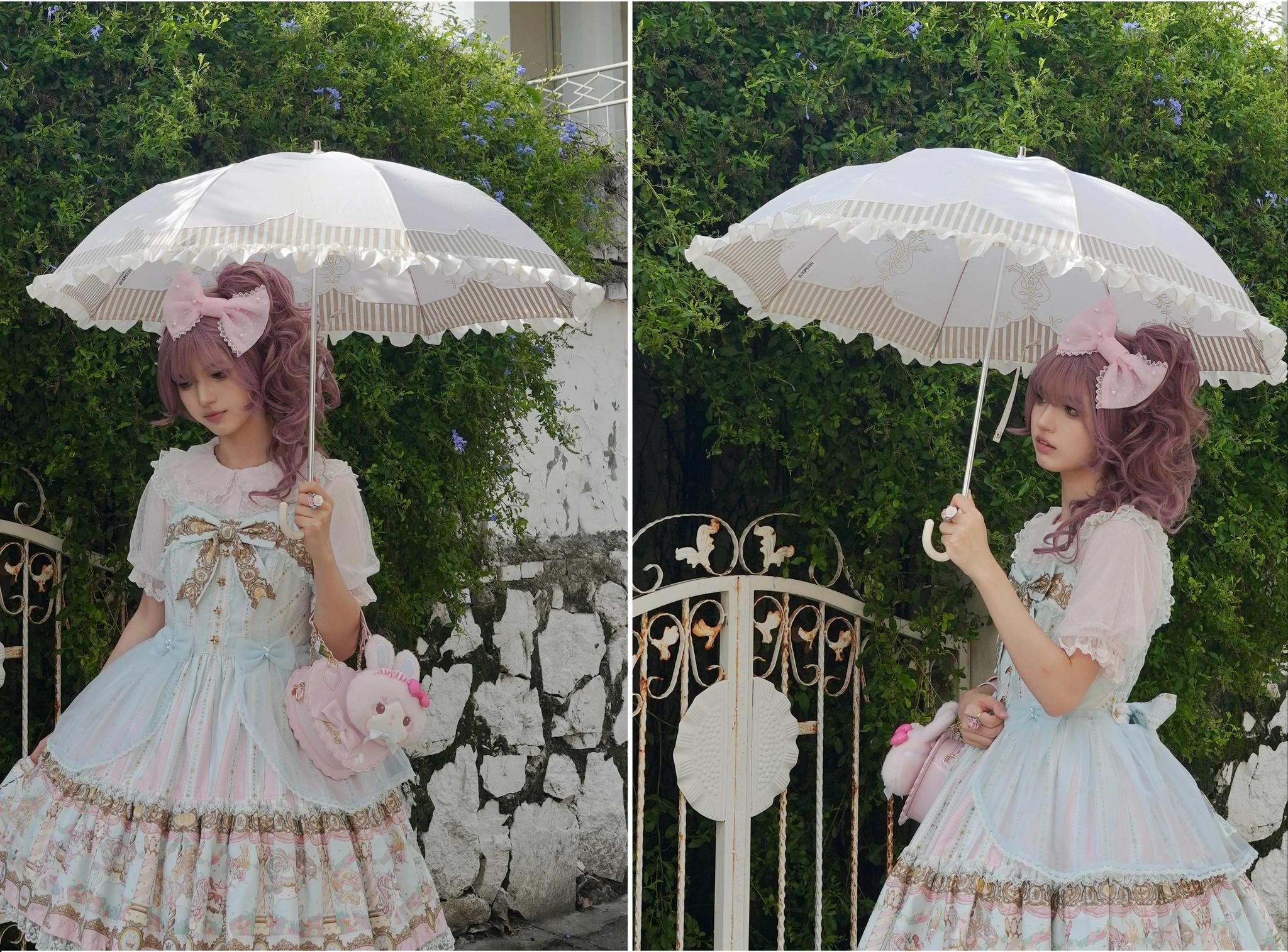 Lyre Academy - Classic Lolita 2-Fold Parasol, Lyre Print & Embroidered Trim 45679:858495