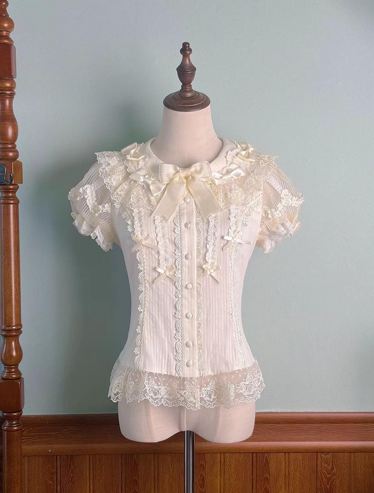 Macaron - Sweet Lolita Short Sleeve Shirt, Lace & Bow Details Beige XS