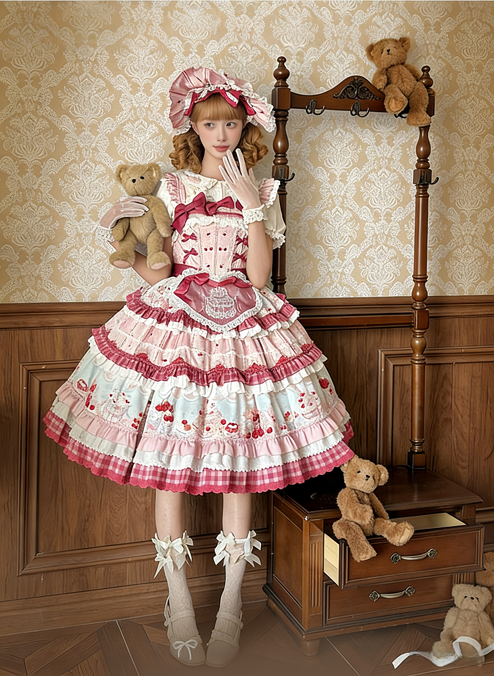 Cherry Cake - Printed Sweet Lolita JSK Dress, Embroidered Apron 44904:827197