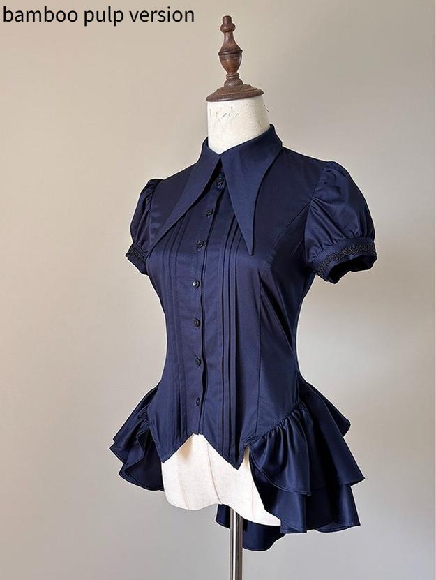 FlowerFairyDaily - Midnight Prayer - Solid Lolita Shirt with Flowing Tiered Back Hem Dark Blue - Shirt Only (bamboo pulp version) S