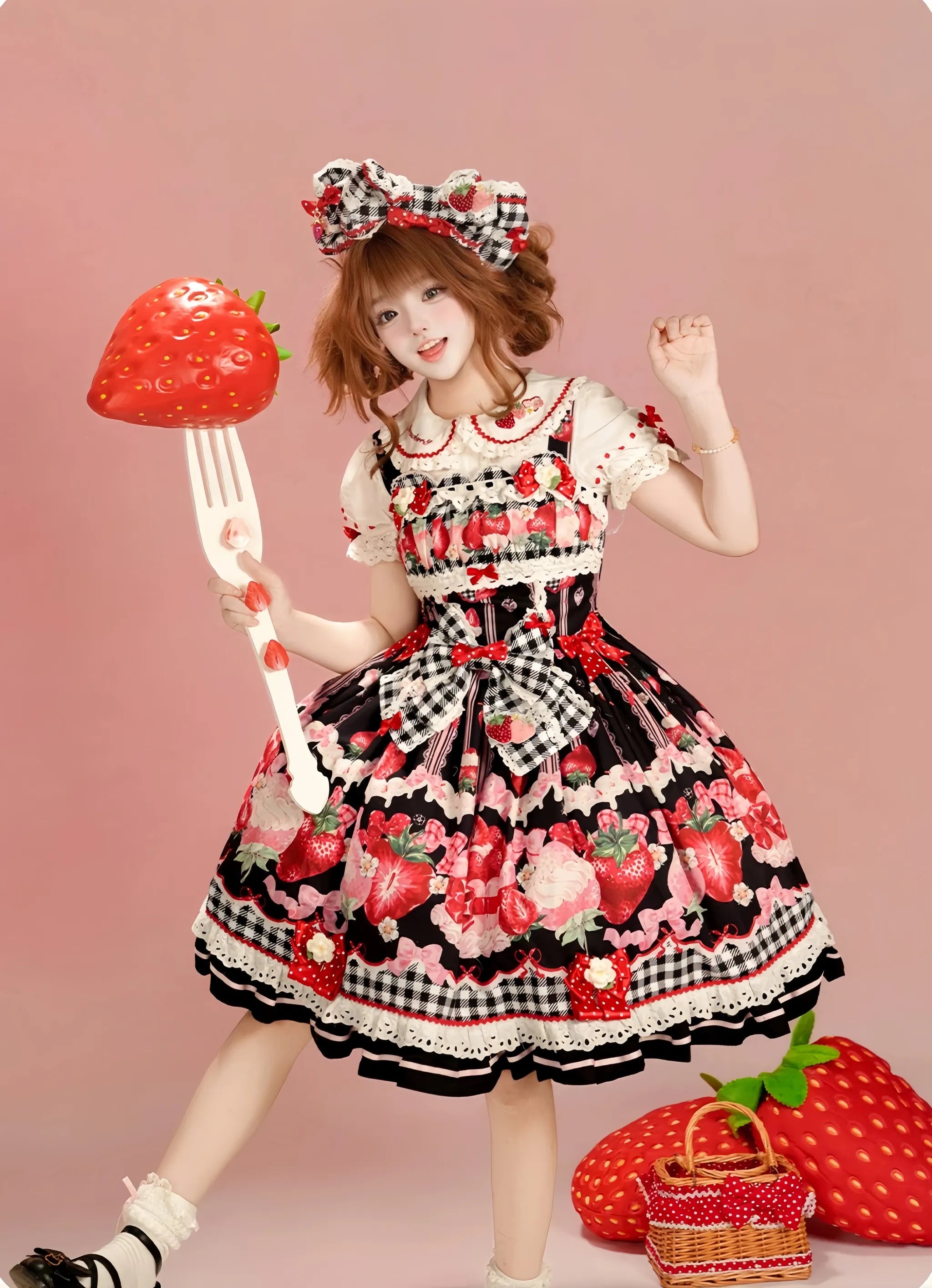 Strawberry Festival - Cotton Sweet Lolita JSK Dress with Strawberry and Cream Print (Black / L M S XL) 45735:860386