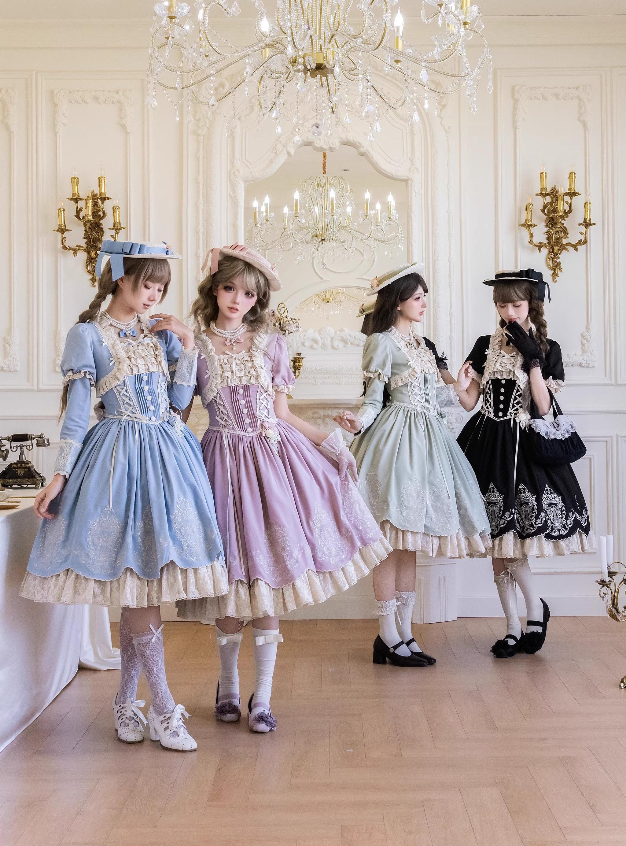 Amber Realm - Dream Strings - Embroidered Classic Lolita OP Dress, Princess Sleeves