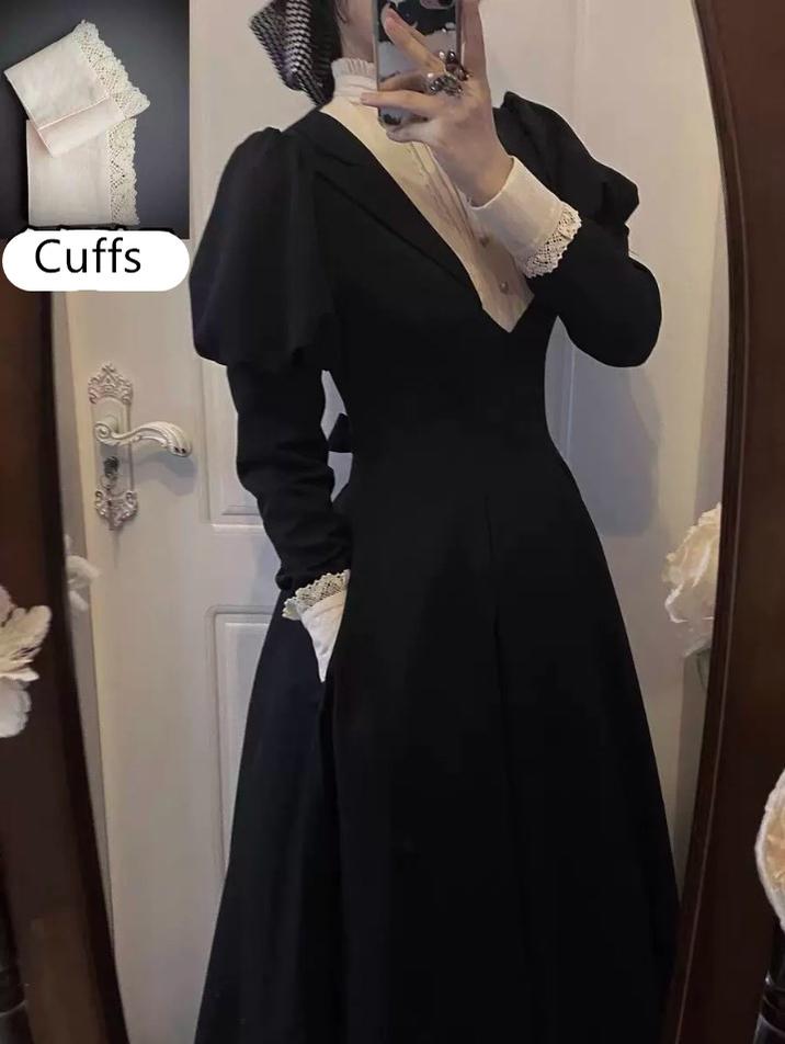 Wanqingyuan - Halloween Gothic Lolita OP Nun Style Long Sleeve Dress S Long black dress + a pair of white cuffs