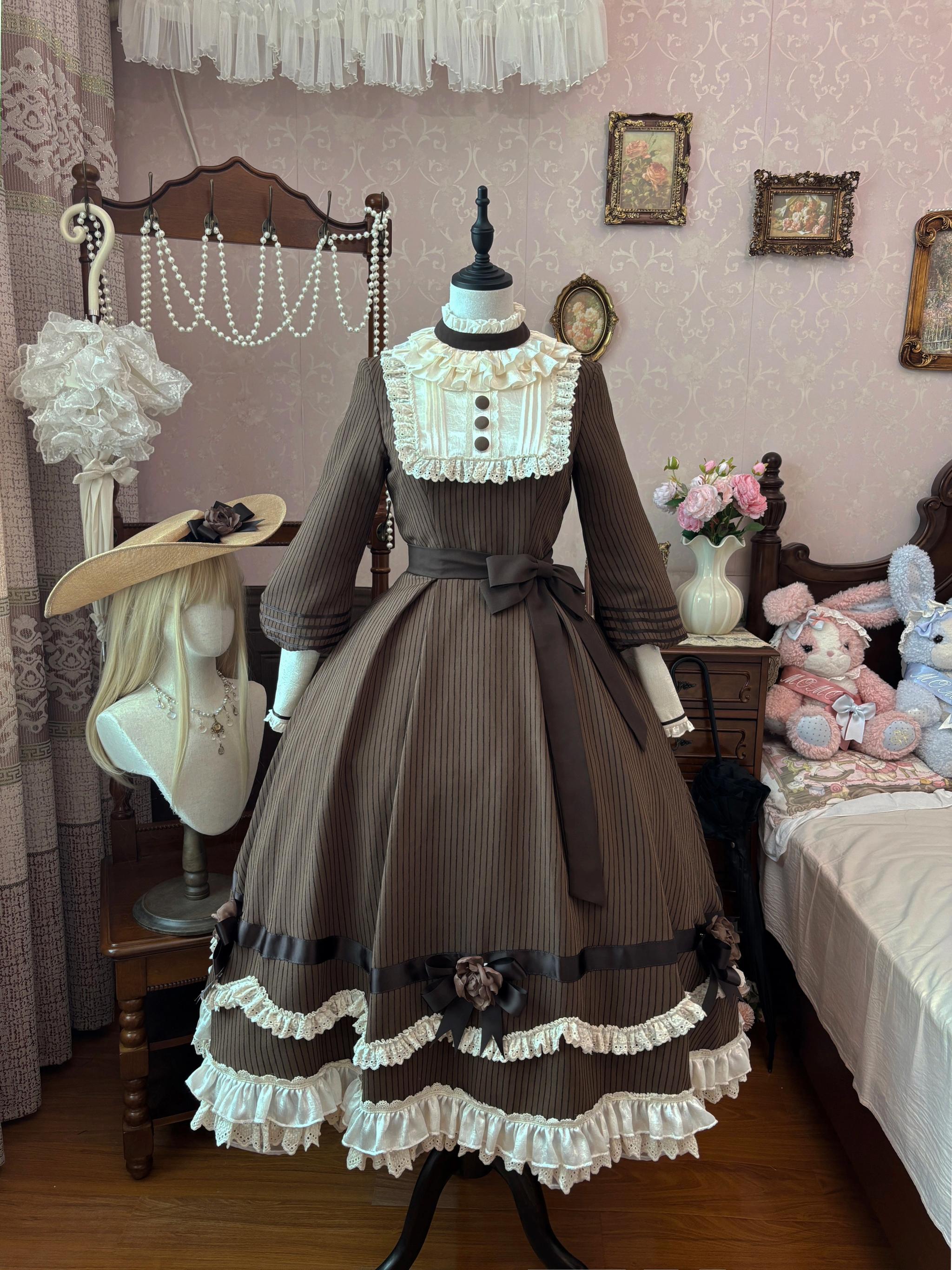 Muyu Handmade Studio - Evening Whispers of London - Brown Classic Lolita OP Dress, Mermaid Skirt Outfit (2XL L M S XL) 43993:792062