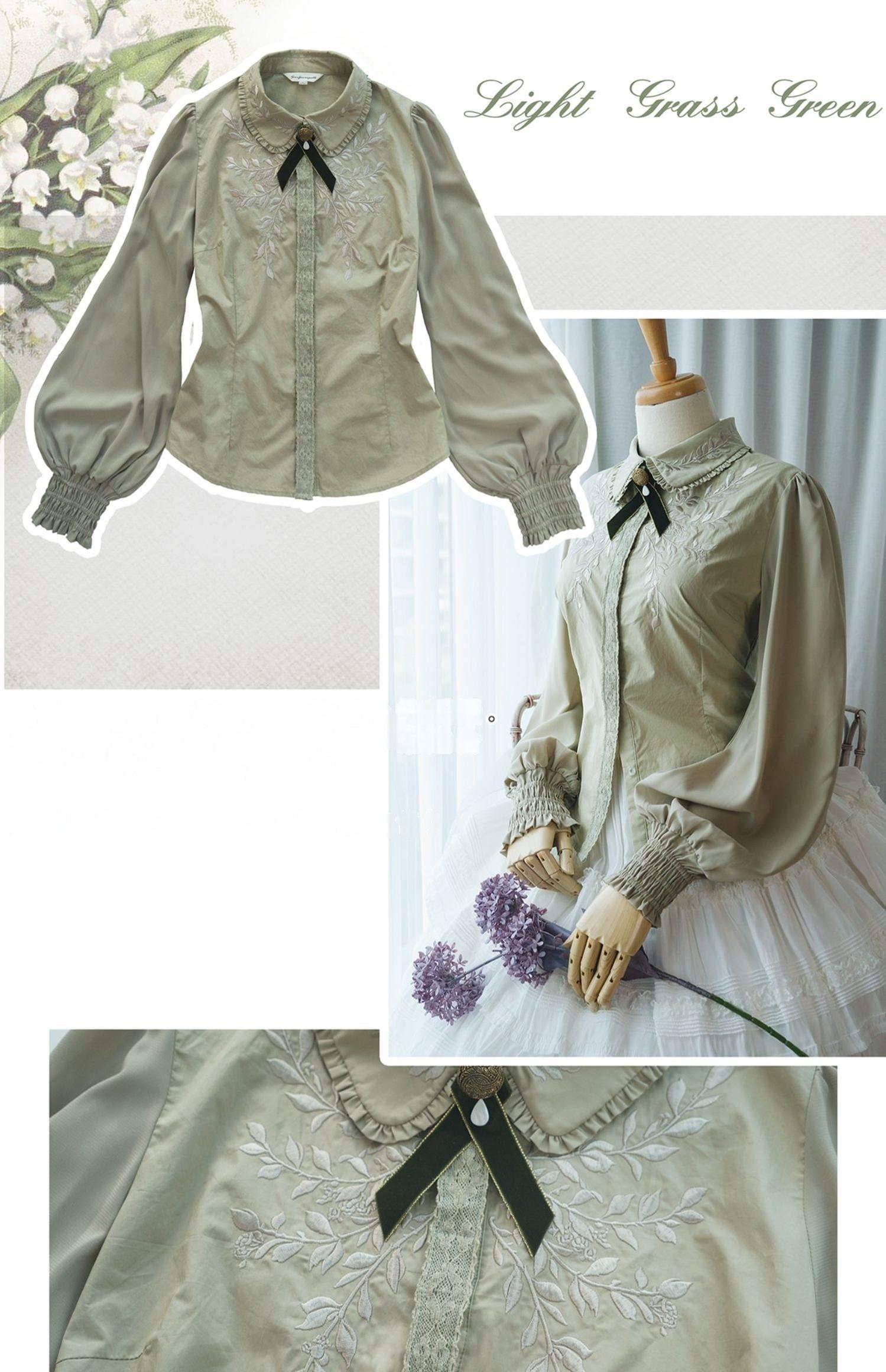 Surface Spell - Ship to Wonderland - Classic Lolita Shirt With Vine Embroidery/Brooch Warm Gray-green - in stock S