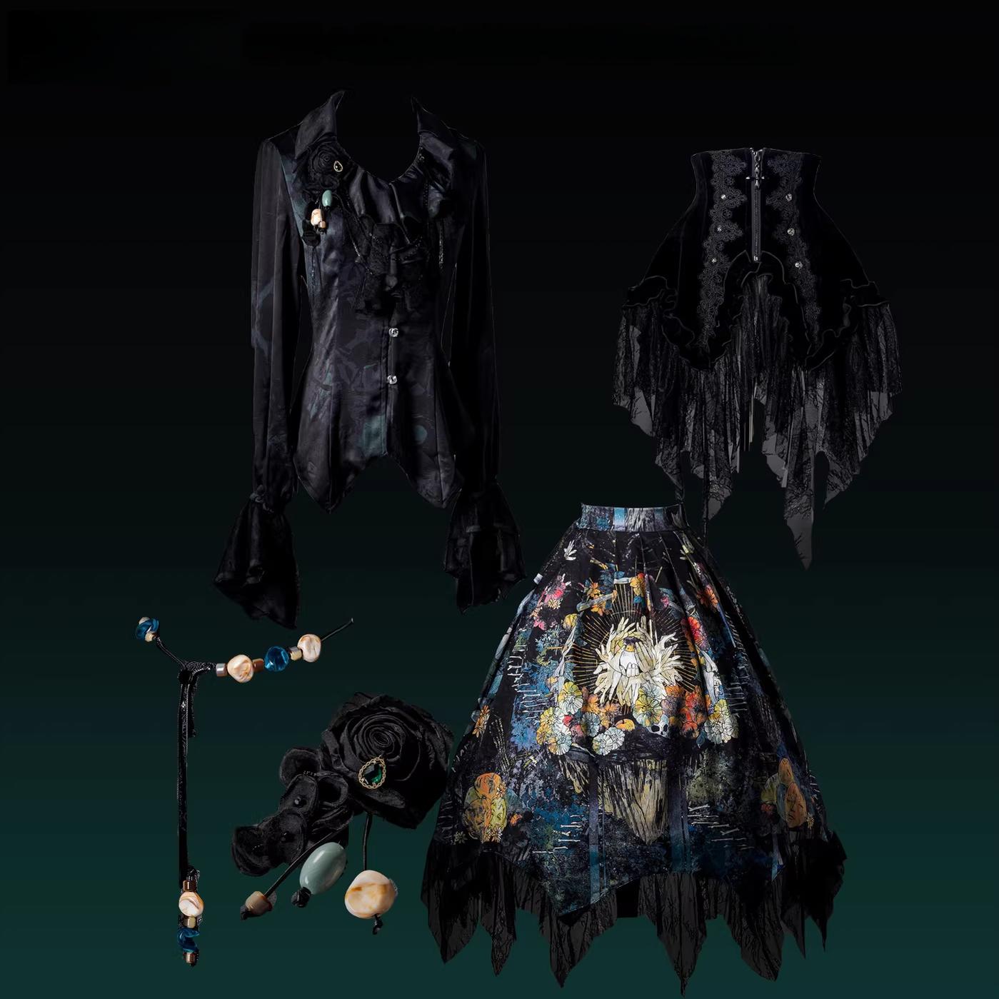 Bone Garden - Printed Gothic Lolita Skirt, Boning Corset SK Full Set (SK + shirt + corset + waist chain + brooch) S