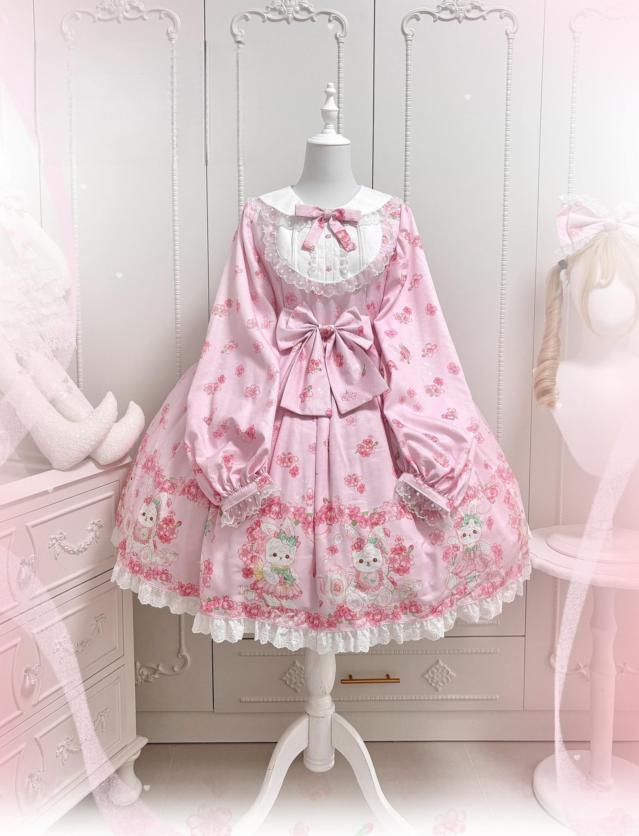 Sakura Bunny - Kawaii Lolita Sakura Print OP Dress, Side Pockets 44392:806416