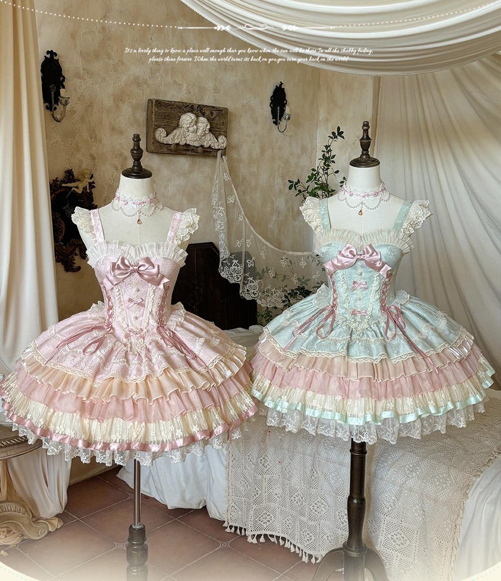 Lotus Crossing - Sweet Lolita Tiered Hem JSK Dress with Satin Bow 45302:844789