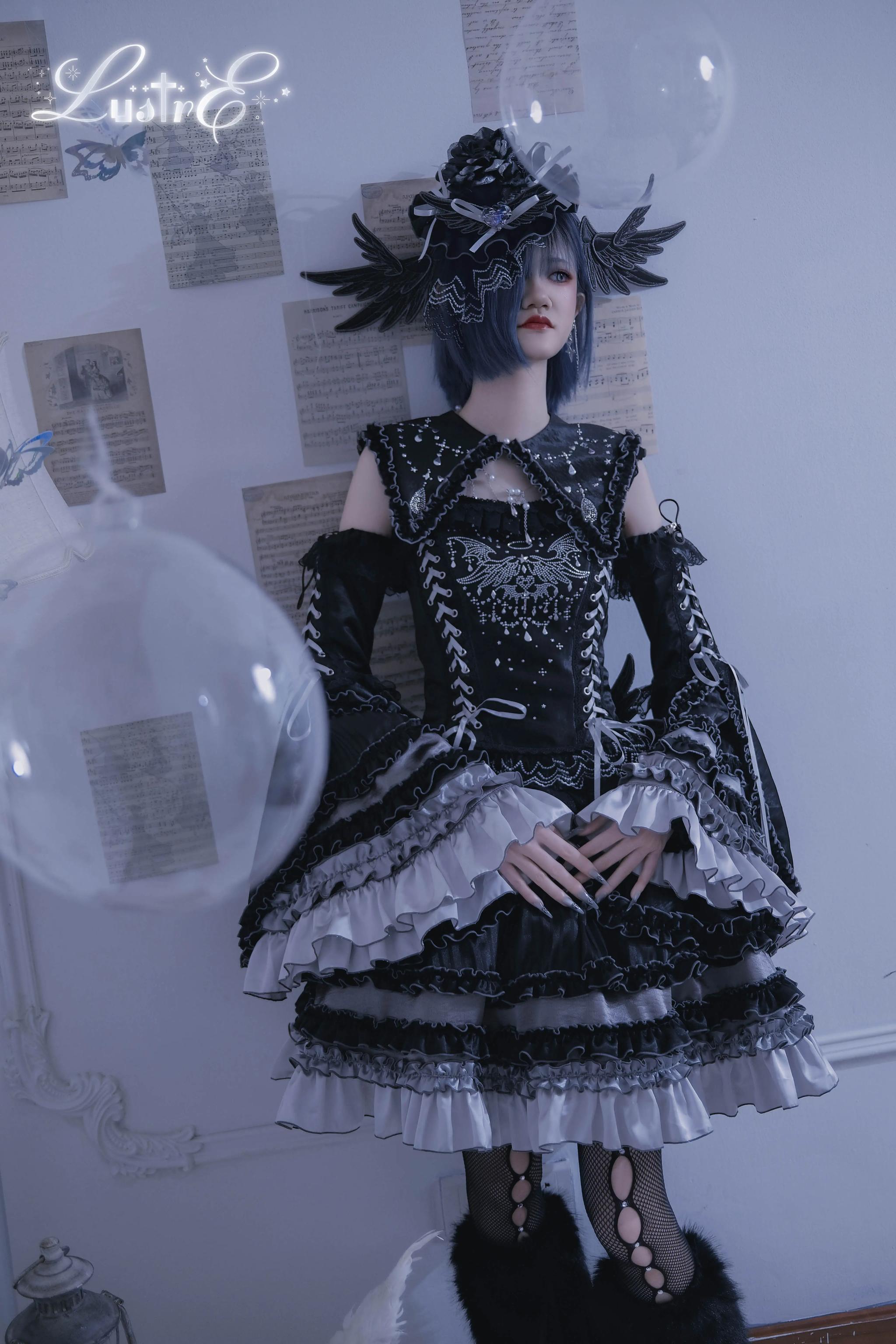 LustrE - Metallic Angel Black - Gothic Lolita Rhinestone Top & Ruffled Skirt Set 43991:791123
