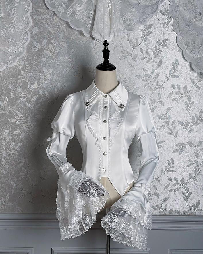 Dark Fog Feast - Gothic Lolita Satin Blouse, Hime Sleeves White XS