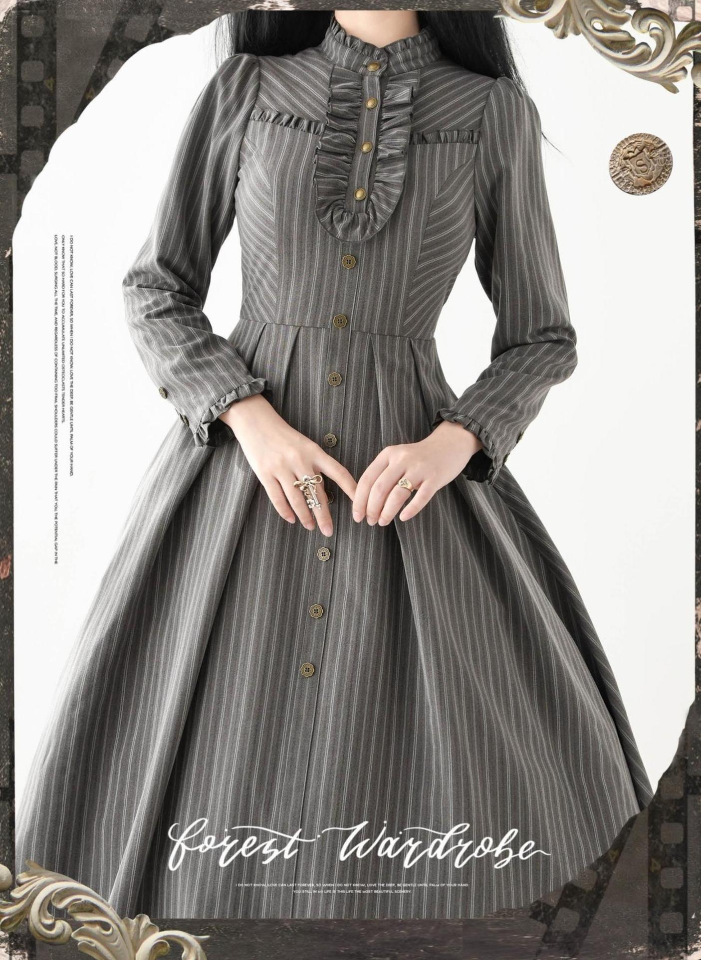 Forest Castle - Classic Lolita Long Striped Dress, Irregular Hem Vest 44441:809886