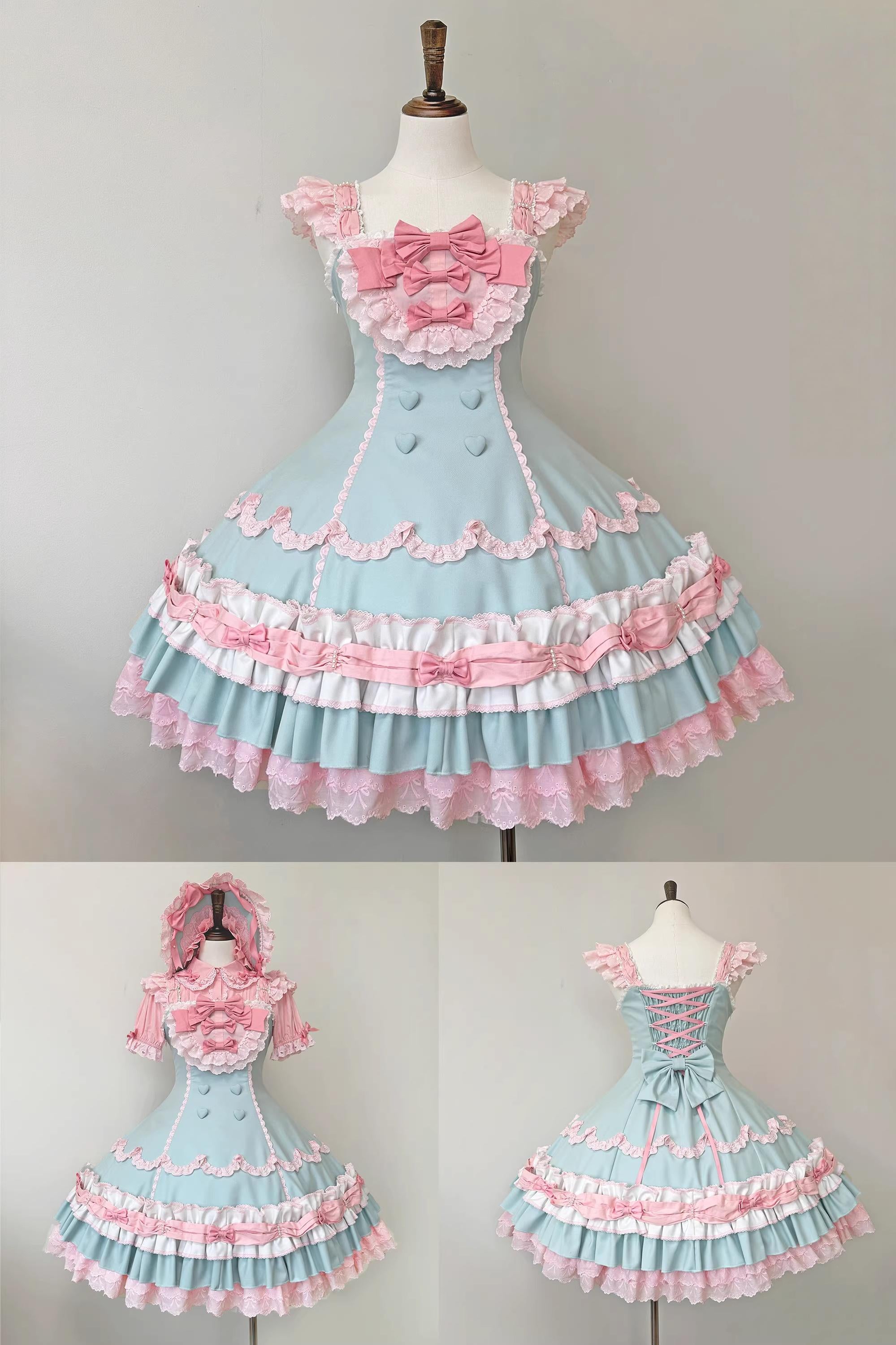 Cream Fondant - Old School Lolita JSK & OP Dress, Pearl Accent Green-pink JSK Only S