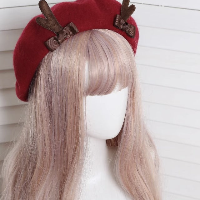 Xiaogui - Kawaii Lolita Deer Horn Beret Christmas Multicolors M dark red