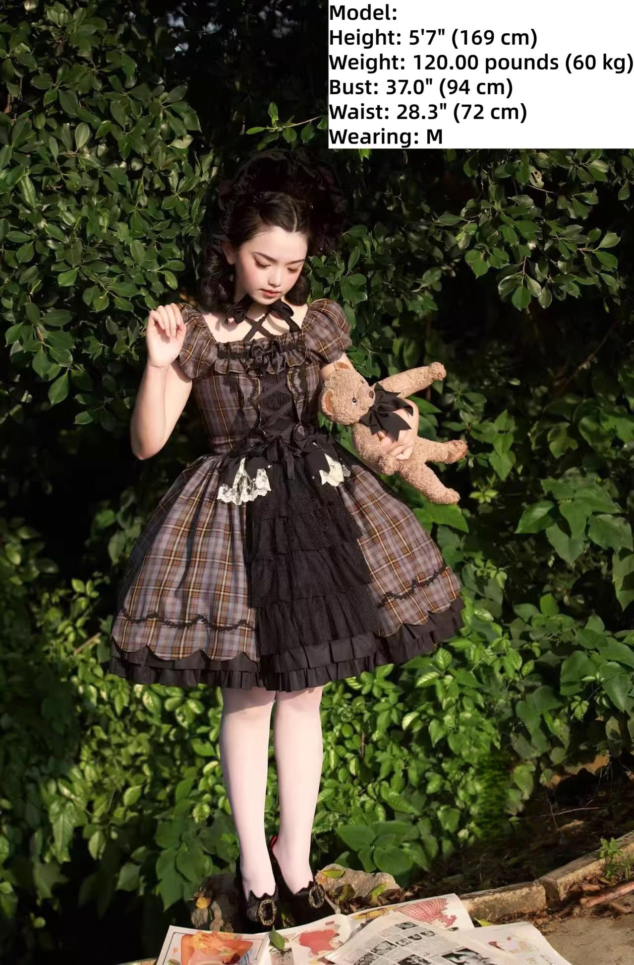 Plaid Petals - Old School Lolita OP Dress, Scalloped Hem