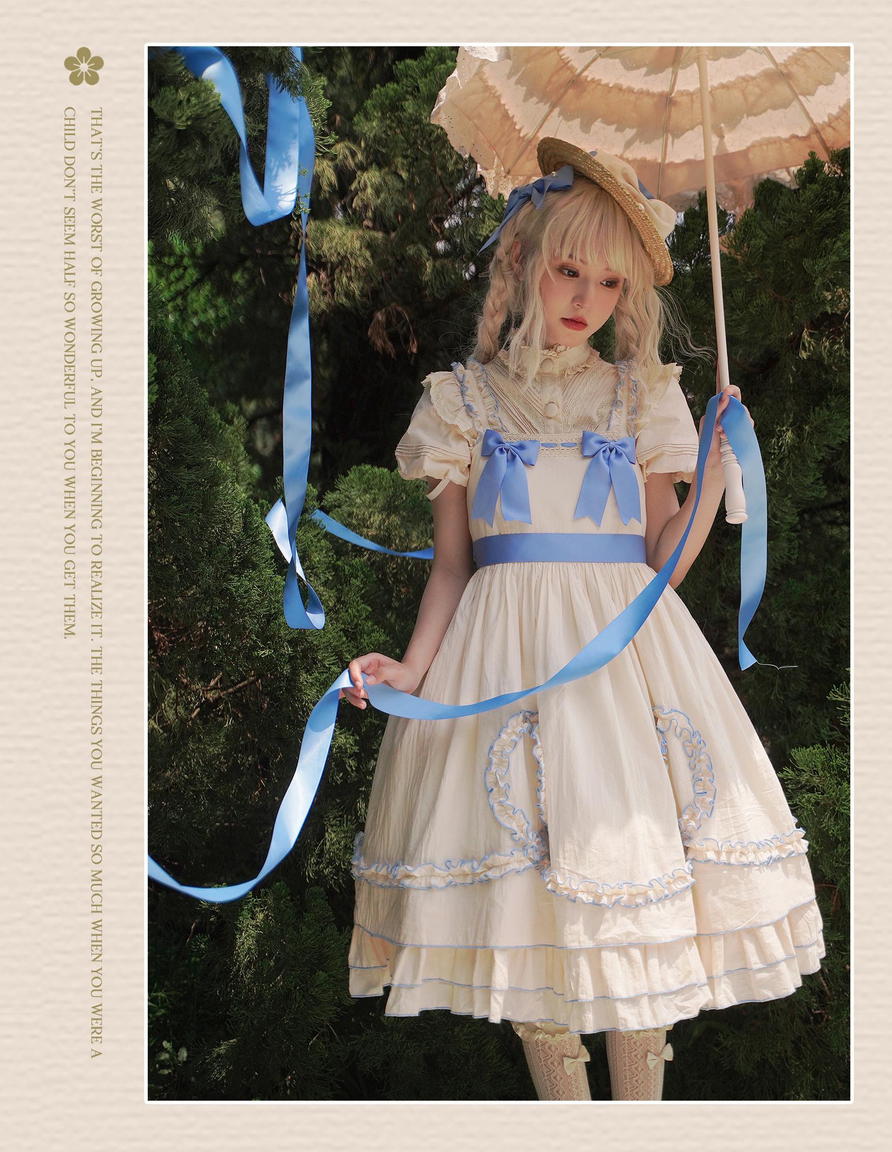 Magic Tea Party - Classic Lolita JSK Dress Solid Color Short Sleeve Dress S Ivory×blue