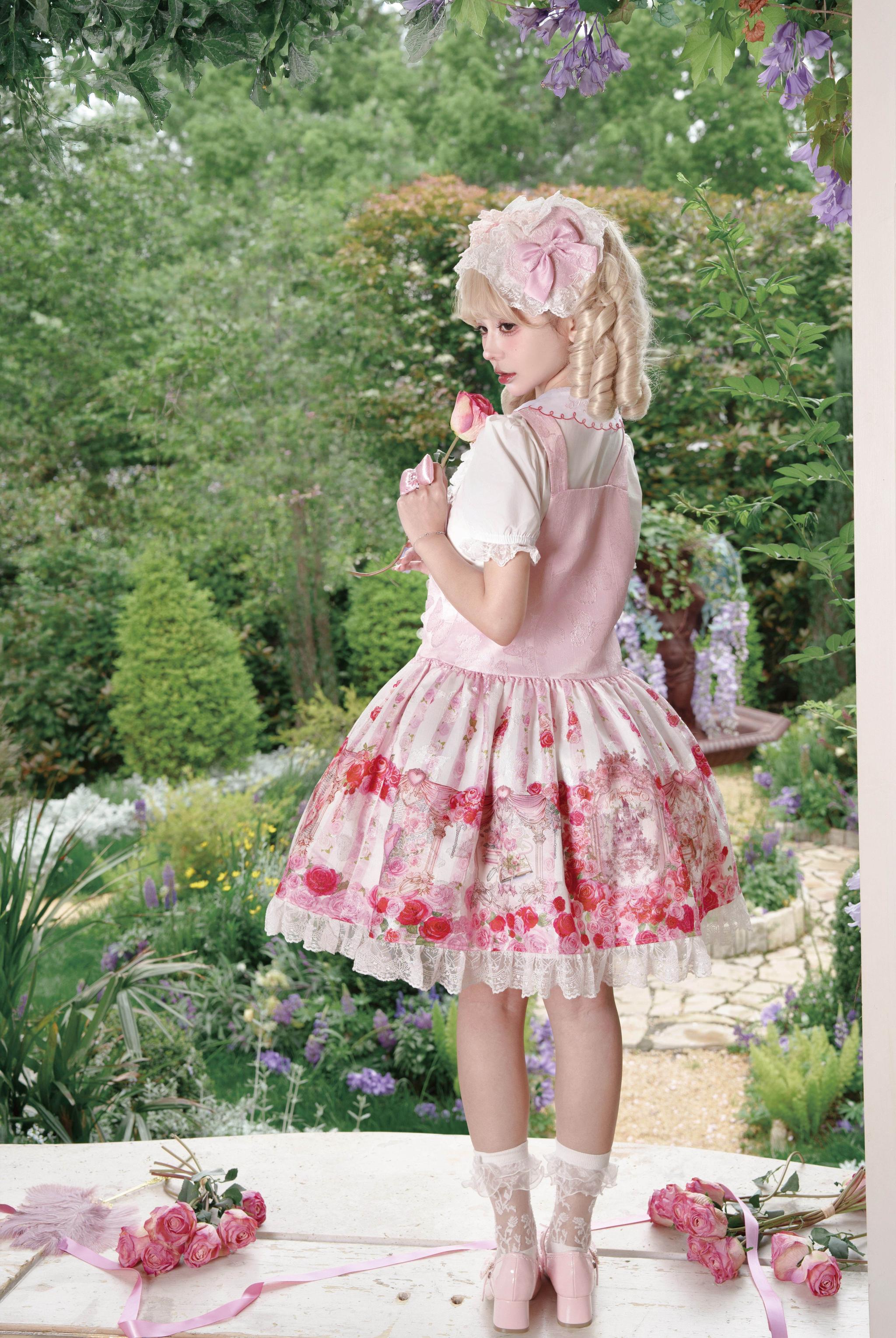 Rose Dream Isle - Sweet Lolita Rose Wall Print Dress, Embroidery & Bows