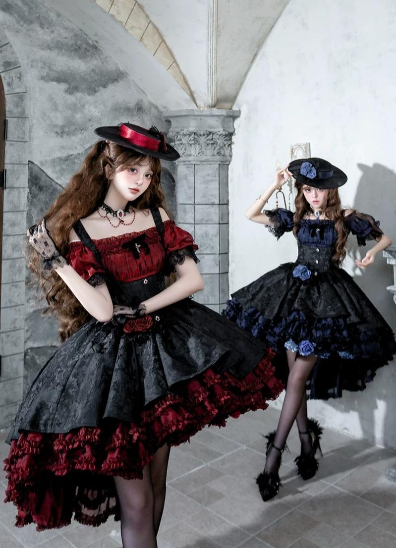 Rose Banquet - Gothic Lolita Boned Bust-supporting JSK Dress, High-low Hem 45815:863734