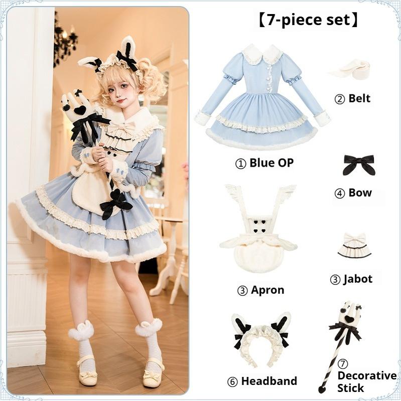 With PUJI - Rabbit&Alice - Sweet Twin Lolita OP Dress Doll Apron Dress Set Blue 7-Piece Set (Blue OP + Belt + Apron + Bow + Jabot + Headband/Clips + Decorative Stick) S